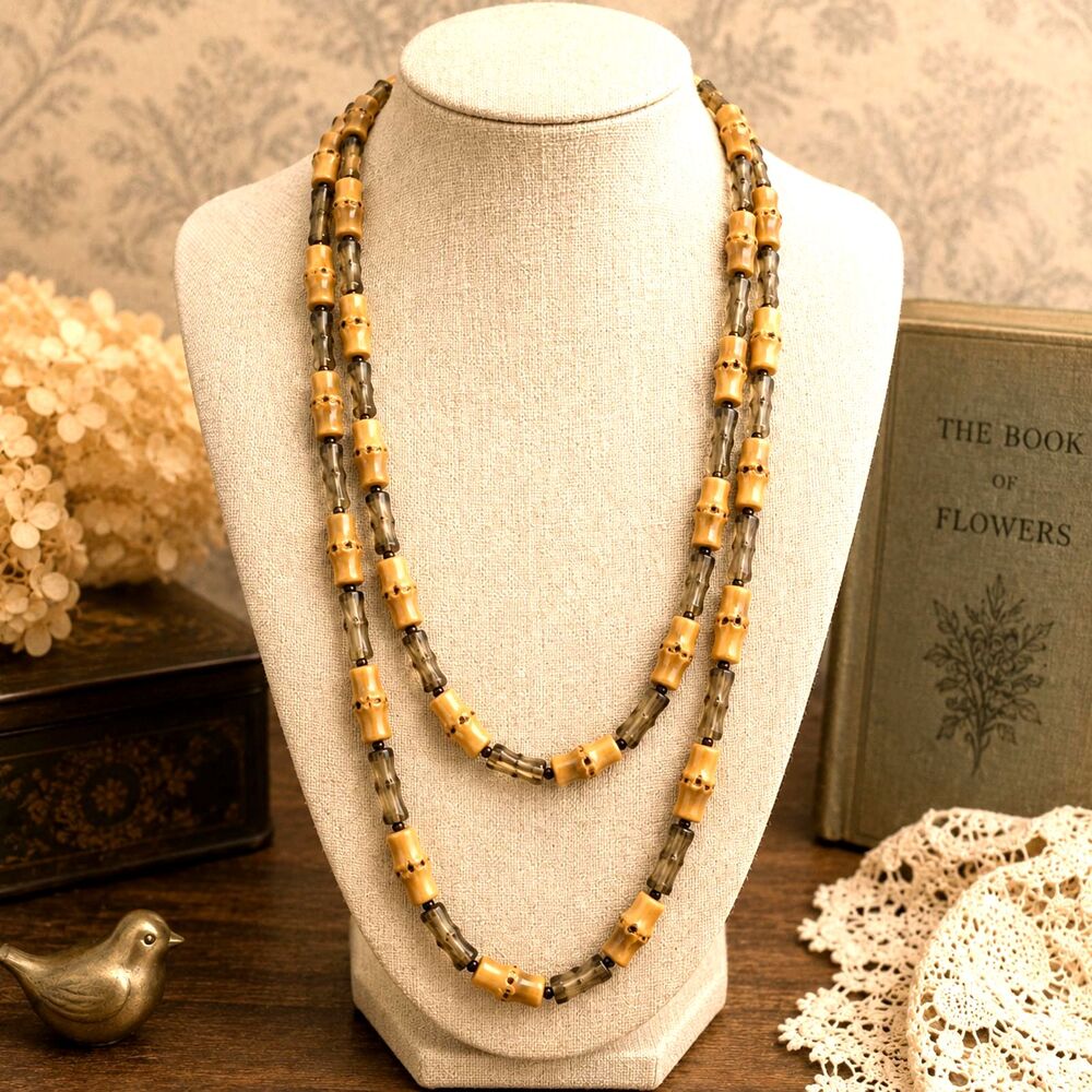 Vintage Mid Century Plastic Bamboo Beaded 54" Necklace